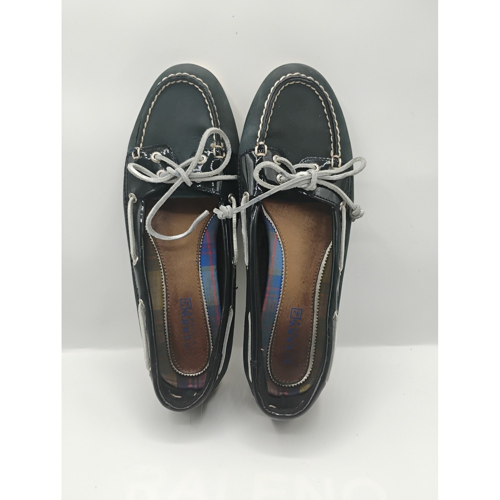 Sperry Boat Shoes Womens 9.5 Navy Blue Excellent Patent Leather Trim Flat Shoe